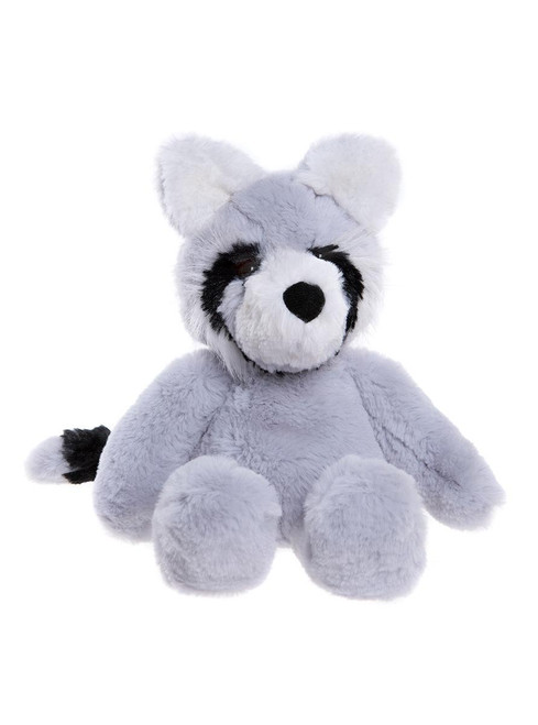 A grey raccoon plush teddy bear sits upright against a white background, featuring black eye patches, a white muzzle, rounded ears, and a striped black-and-grey tail.
