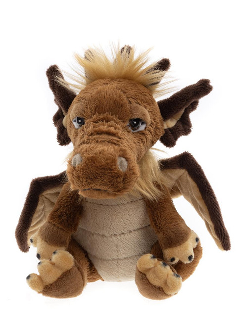 A brown dragon Charlie Bear plush toy sits upright against a white background, featuring dark wings, clawed feet, expressive eyes, and a golden mane on its head.