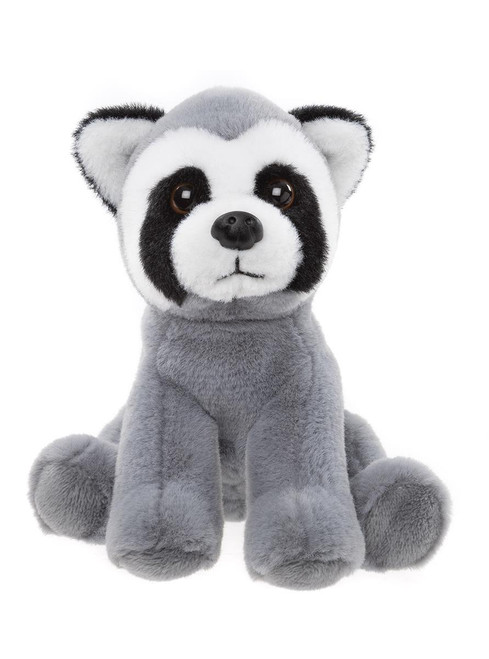 A grey raccoon teddy bear sits upright against a white background, featuring black eye patches, white facial fur, and brown plastic eyes.
