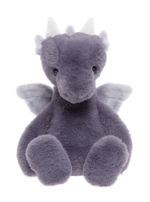 A purple-grey plush dragon teddy bear sits upright against a white background, featuring small white wings, a white horn, and a long tail.