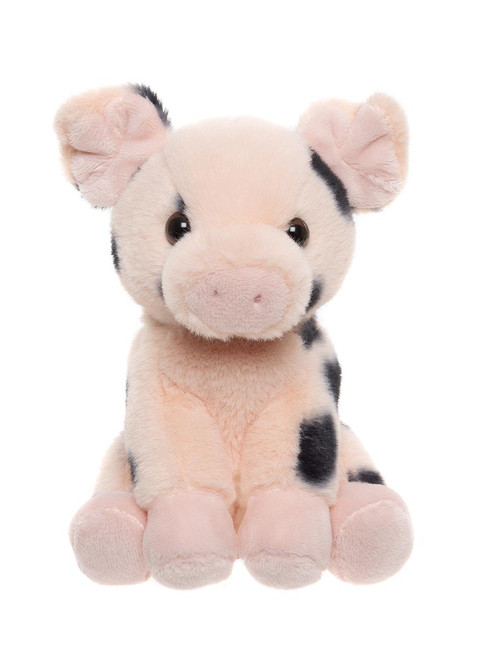 A pink plush pig stuffed animal with black spots sits upright against a white background, featuring large floppy ears and shiny brown eyes.