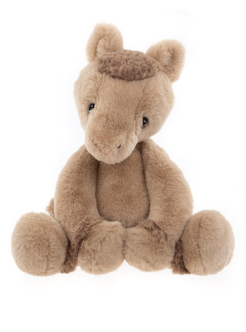 A brown squirrel plush toy sits upright against a white background, with a darker brown bushy tail extending behind it and large flat feet in front.