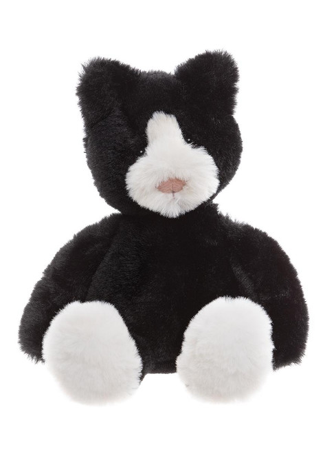 A black and white plush cat stuffed animal sits upright against a white background, featuring white paws, a white muzzle with a pink nose, and rounded cat ears.
