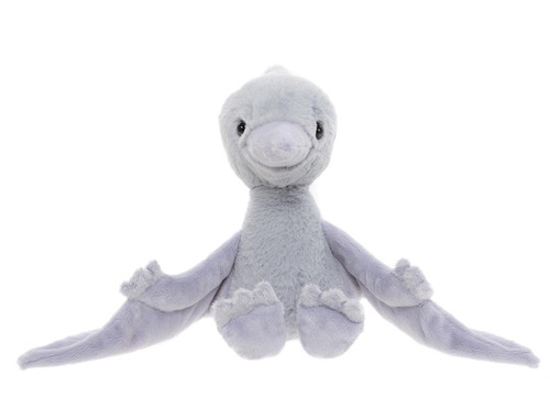A grey plush pterodactyl dinosaur stuffed animal sits upright against a white background, featuring a pointed head crest, beak, small clawed feet, and flat wing-like appendages.