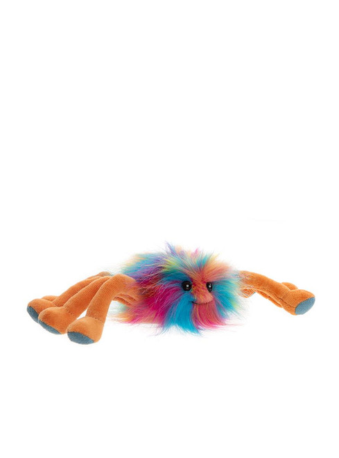 A rainbow-coloured fluffy spider plush toy with orange jointed legs and grey-tipped feet, sitting against a plain white background.