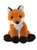 A plush fox teddy bear sits upright against a white background. It features orange-brown fur, black-tipped ears and paws, white chest markings, and amber-coloured eyes.