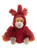 A red fluffy parrot stuffed animal sits upright against a white background, featuring an orange-accented face, grey beak, grey feet, and a wild, spiky red crest on its head.