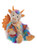 A rainbow multicoloured fluffy dragon plush toy sits upright against a white background, featuring orange horns, wings, claws, and a sheer ribbon bow around its neck.