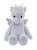 A soft grey plush dragon teddy bear sits upright against a white background, featuring small wings, a pointed tail, tiny horns, and shiny black eyes.