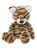 A tiger-striped plush teddy bear sits upright against a white background, featuring black and tan stripes, white inner ears, white muzzle, and shiny black eyes.