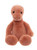 A terracotta/salmon-colored plush dinosaur teddy bear sits upright against a white background, featuring small white back spines, shiny black eyes, and an elongated neck.