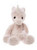 A soft, plush unicorn teddy bear in pale beige/blush tones sits upright against a white background, featuring a silvery horn, small round ears, shiny black eyes, and oversized paws.