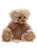 A plush Charlie Bears teddy bear sits upright against a white background, featuring cream and golden-brown fur, black bead eyes, an embroidered nose, and a silky brown bow tied around its neck.