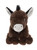 A dark brown donkey plush toy sits upright against a white background, featuring a black mane, white muzzle, large ears, and a small black tail.