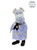A grey hippopotamus plush toy stands upright, wearing a lavender floral dress, black bow tie, glasses, and black shoes, with grey tufted hair.