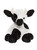 A black and white cow plush toy sits upright against a white background, featuring small cream-coloured horns, rounded ears, and a soft spotted pattern.