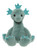 A teal/sage green dragon plush toy sits upright against a white background, featuring darker teal spines, claws, and tail tip, with a long neck and glossy black eyes.