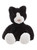 A black and white plush cat stuffed animal sits upright against a white background, featuring white paws, a white muzzle with a pink nose, and rounded cat ears.