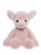 A pink plush pig teddy bear sits upright against a white background, featuring large rounded ears, small black eyes, a snout, and a long tail.