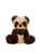 A plush panda-style teddy bear with dark brown and cream fur sits upright, wearing small bronze jingle bells around its neck, against a white background.