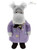 A grey plush bear stands upright wearing a purple floral coat, black bow tie, and round glasses, with wild grey hair, against a white background.