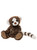 A spotted brown, black, and white plush teddy bear sits upright against a white background, wearing a decorative antique-style skeleton key charm around its neck.
