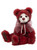 A deep red, panda-style Charlie Bear sits upright against a white background, featuring a white facial mask, dark eyes, and a sheer pink ribbon bow at its neck.