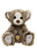 A striped grey-brown Charlie Bear teddy sits upright against a white background, wearing a vintage brass pocket watch on a cord necklace. It has white paw pads and a white muzzle.