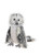A plush owl teddy bear sits upright against a white background. It features grey and white striped fur, bright blue eyes, a small beak, and a delicate white lace collar.