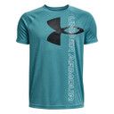 Under Armour Boy's Tech Split Logo Hybrid Short Sleeve T-Shirt Image in Glacier Blue