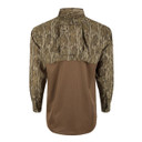 Drake Waterfowl Mesh Back Flyweight Turkey Shirt Back Image in Mossy Oak Bottomland