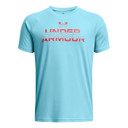 Under Armour Boys Tech Split Wordmark Short-Sleeve Tee Image in Sky Blue-Red Solstice