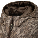 Drake Waterfowl MST Synthetic Down Hooded Jacket Collar Image in Mossy Oak Bottomland