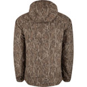 Drake Waterfowl MST Synthetic Down Hooded Jacket Back Image in Mossy Oak Bottomland