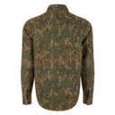 Drake Waterfowl Throwback 80 Button-Down Field Shirt Back Image in Mossy Oak Greenleaf.