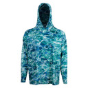 front hood up image of Rogers Sporting Goods Elite Chill Hoodie+Bug Protection in Mossy Oak Elements Sea Foam.