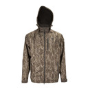 Storm Stopper Rain Shell Image with Hood Up in Mossy Oak Bottomland