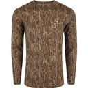 Image of Drake Performance Camo Long Sleeve Crew in Mossy Oak Bottomland.