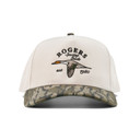 Front image of the Rogers Pintail Flight Embroidery Ea5y Hybrid Hat in Mossy Oak Original Bottomland.