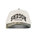 Front image of the Rogers Upside Down Logo Hat in Mossy Oak Treestand.