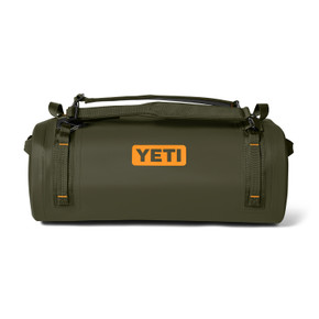 Yeti Panga 50L Waterproof Duffel Front Image in Olive/King Crab Orange