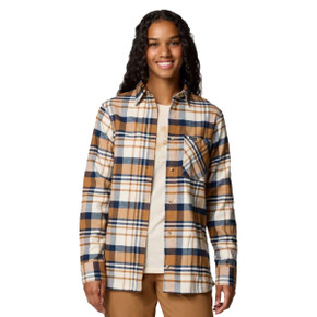 Women's Calico Basin Flannel Long Sleeve Shirt Image in Camel Brown Multiplaid