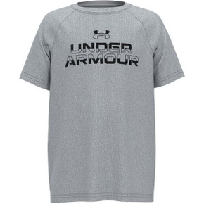 Under Armour Boys Tech Split Wordmark Short Sleeve Tee Image in Mod Gray-Black