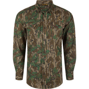 Image of Drake Waterfowl Camo Wingshooter Trey Long-Sleeve Shirt in Mossy Oak Greenleaf.