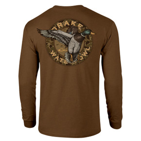 Drake Waterfowl Circle Mallard Long Sleeve T-Shirt Back Image in Golden Pecan Dark Heather