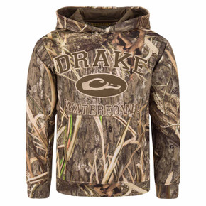 Drake Waterfowl Youth Performance Mossy Oak Hoodie Image in Mossy Oak Habitat