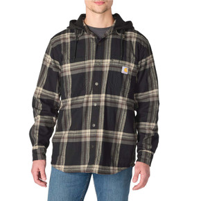 Carhartt Rugged Flex Relaxed Fit Flannel Fleece Lined Hooded Shirt Jac Image in Black-Mud Gray