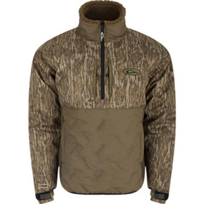 Image of Drake Women's LST Guardian Flex Double Down Eqwader 1/4 Zip Jacket in Mossy Oak Bottomland.