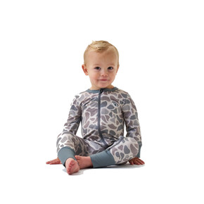 Worn image of the Burlebo Baby Zip Up in Classic Deer Camo.