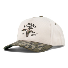 Image of the Rogers Pintail Flight Embroidery Ea5y Hybrid Hat in Mossy Oak Original Bottomland.